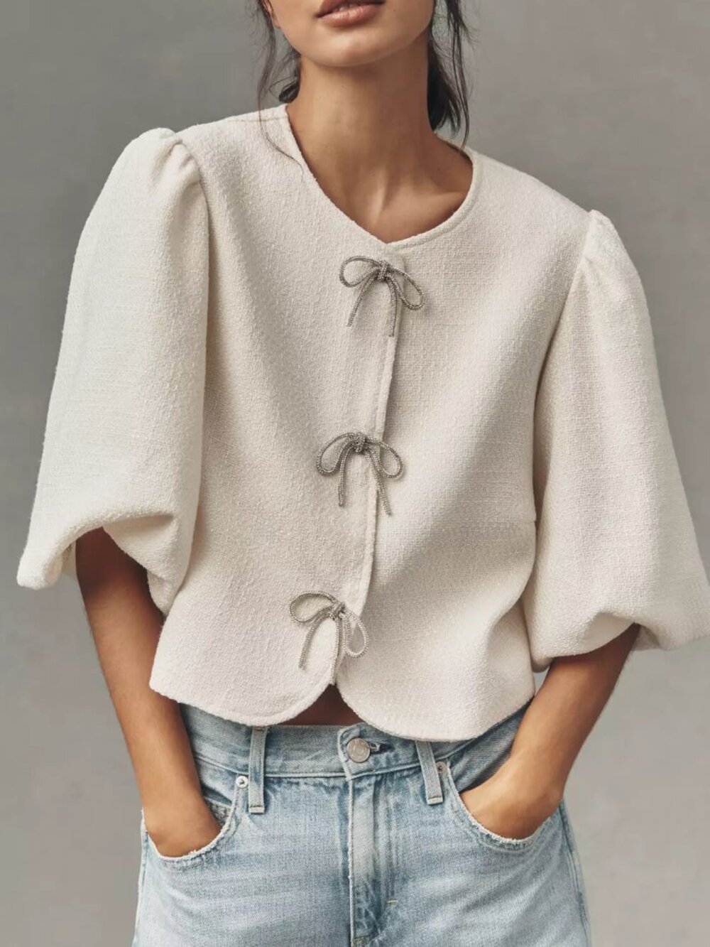 Anthropologie Dolan Left Coast Puff-Sleeve Bow-Embellished Blazer